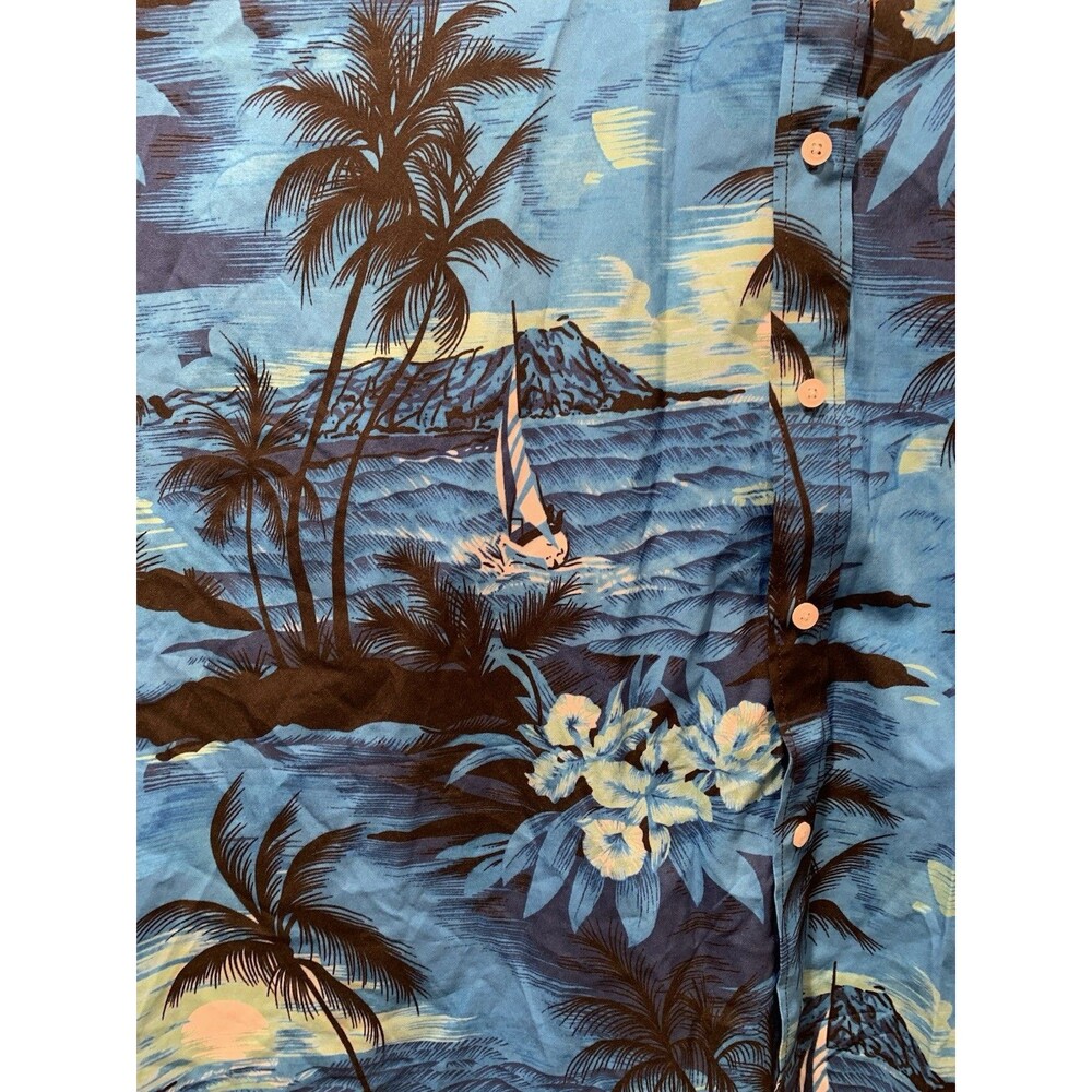 XXXL Hawaiian Floral Beach Landscape Moonrise Sailboats Shirt Blue Vintage Enow